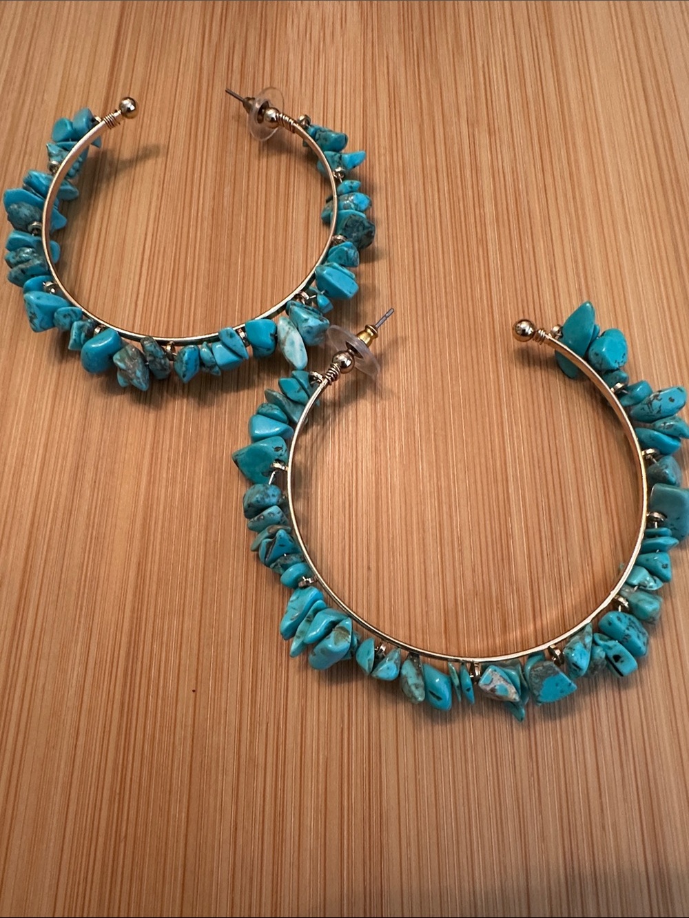 Turquoise Stone Hoop Earrings | Gold Tone Statement Hoops